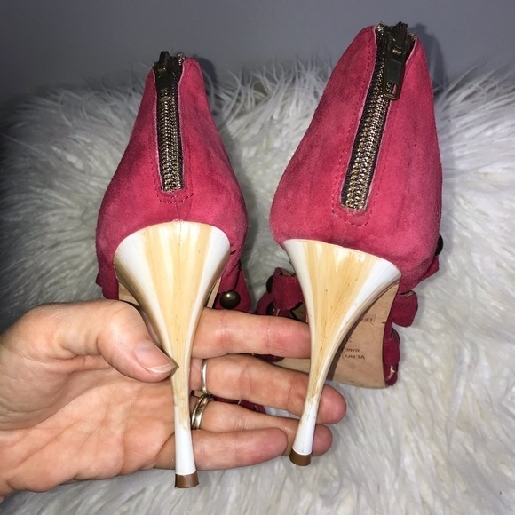 Latitude Femme Leather & Suede Studded High Heel Sandals – Burgundy – Size 7. - Picture 5 of 8